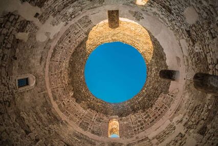 View up the open-roofed tower of palace