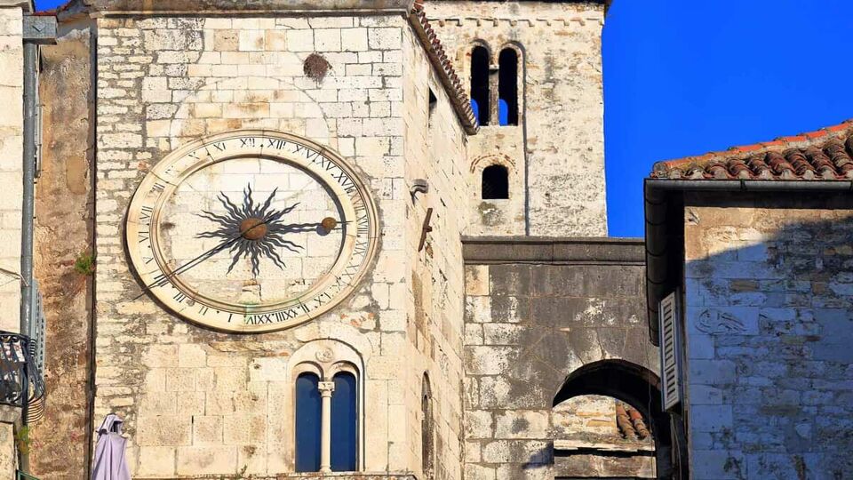 Detail of a medieval clock tower in Split, Croatia