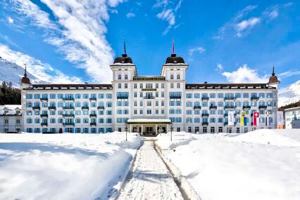 Front view of the facade of the Grand Hotel des Bains ski hotel in St. Moritz