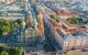 Aerial view down on the Church of the Savior on Spilled Blood amid city streets of St Petersburg