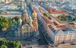 Aerial view down on the Church of the Savior on Spilled Blood amid city streets of St Petersburg