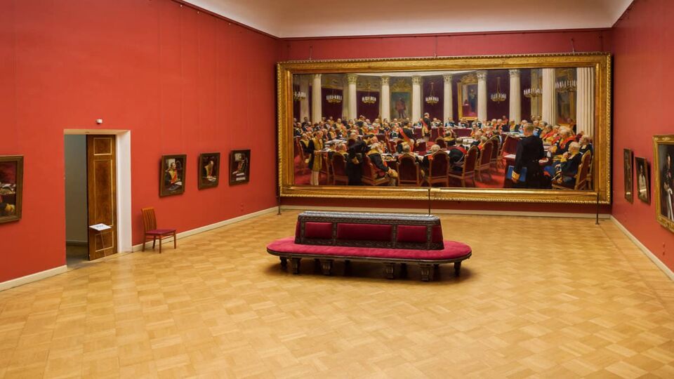 Gallery with red walls and paintings