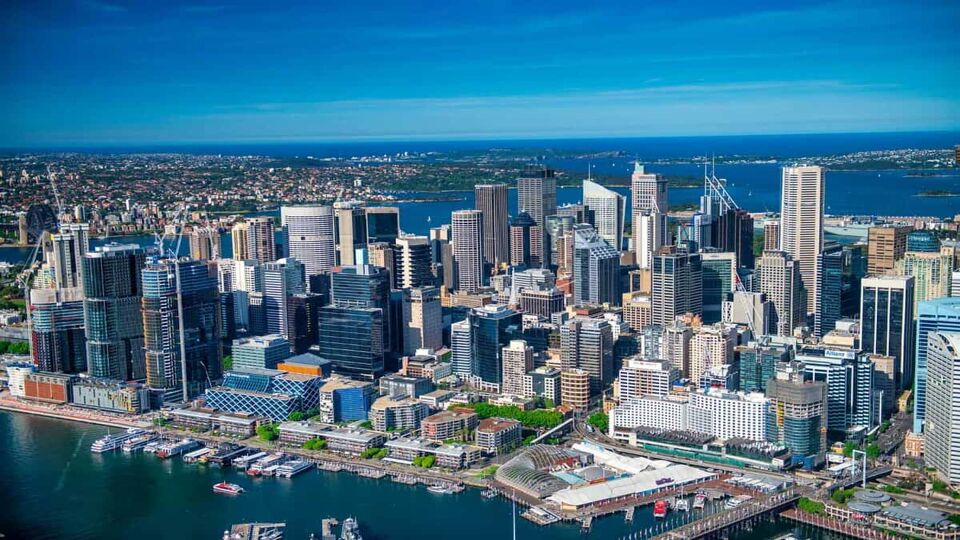 Sydney Central Business District skyline from helicopter.