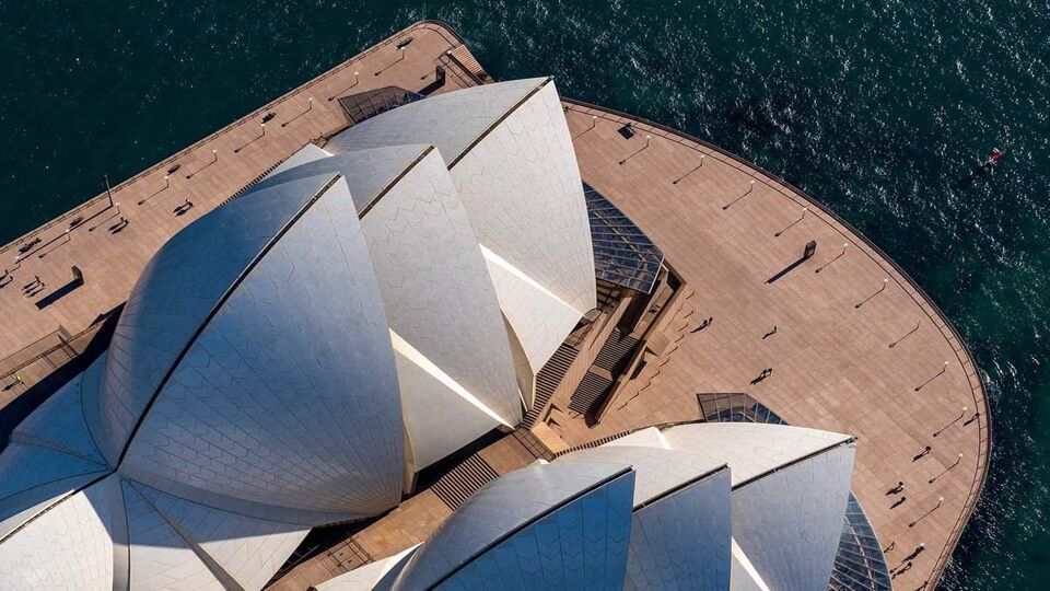 Aerial view down onto the opera house's roof sails