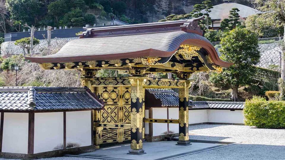 The Karamon (golden gate) in Kencho-ji temple, oldest Zen temple in Kamakura, Japan