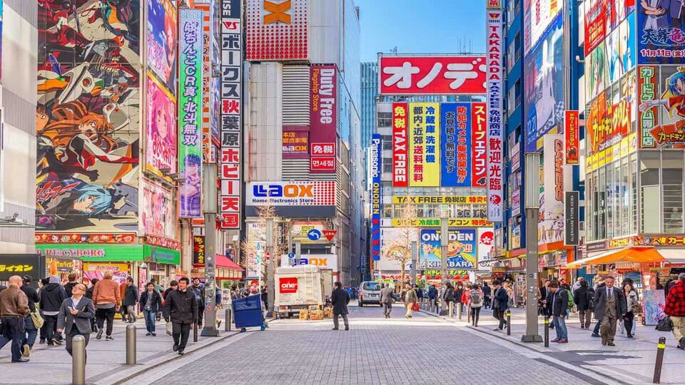 Crowds pass below colorful signs in Akihabara. The historic electronics district has evolved into a shopping area for video games, anime, manga, and computer goods.