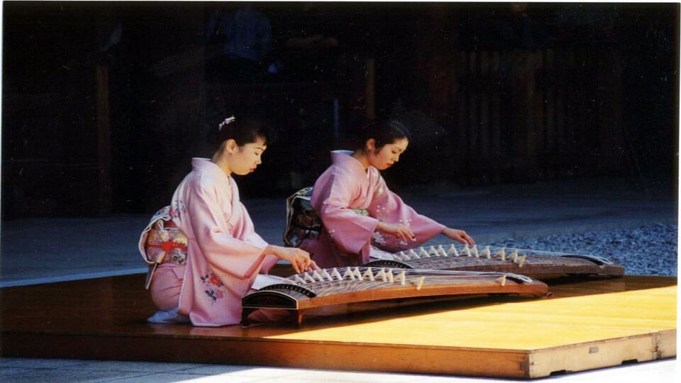 Koto players performing at the Meiji Jingu Shrine in Tokyo, Japan
