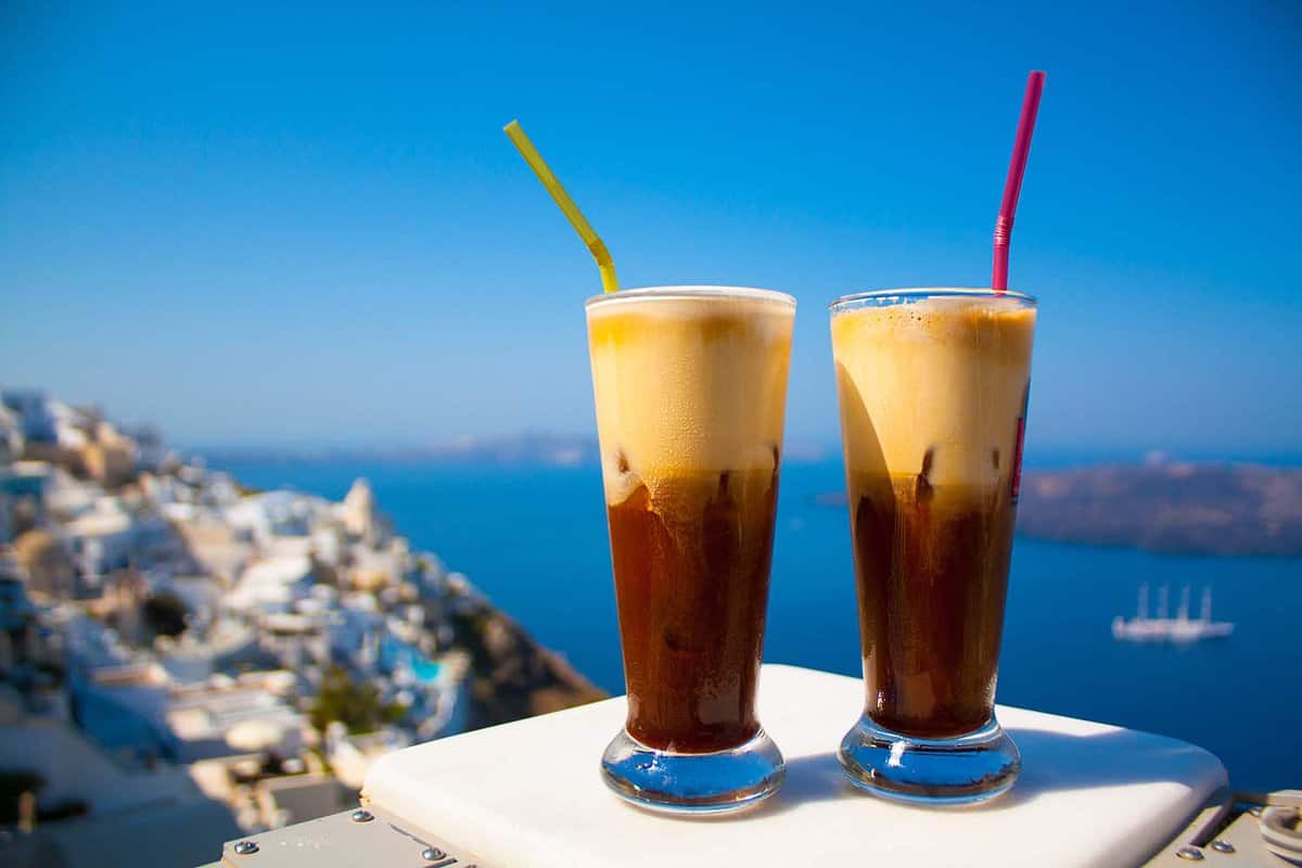 close up of two glasses of Greek Frappe on Santorini