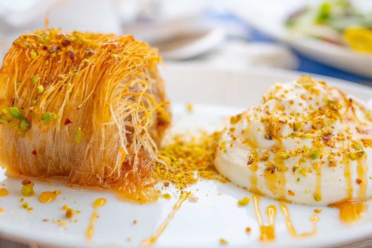 close up of Kataifi desert - a honey sweet with string pastry