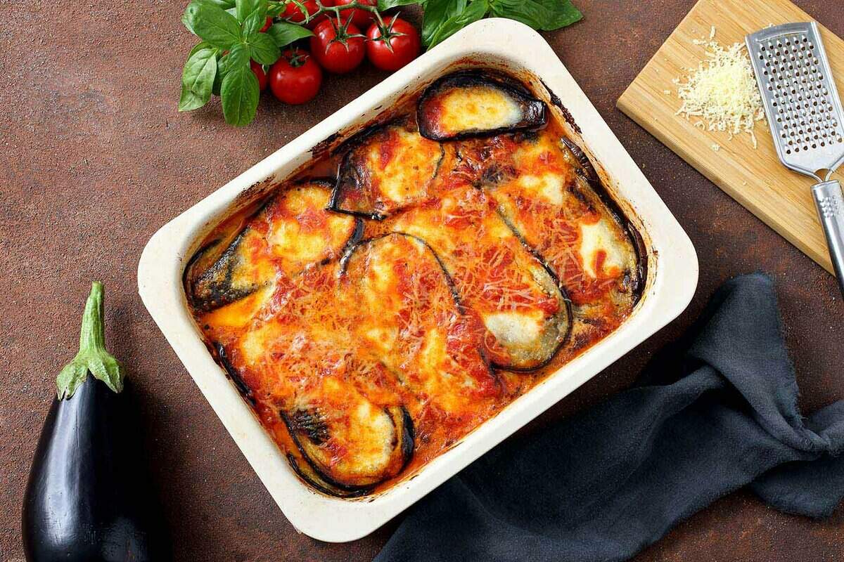 Parmigiana dish from above with cheese and aubergines