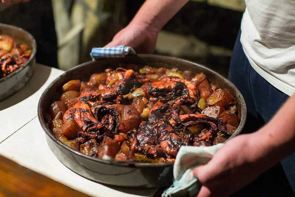 Peka is a traditional way of preparing food. The cast iron bell seals in flavours and juices as meat, octopus or vegetables cook for up to three hours on bed of charcoal