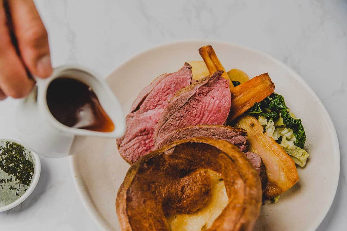 Sunday Roast Beef with Yorkshire Pudding, Roast Potatoes, Carrots, Parsnip, Broccoli and Gravy