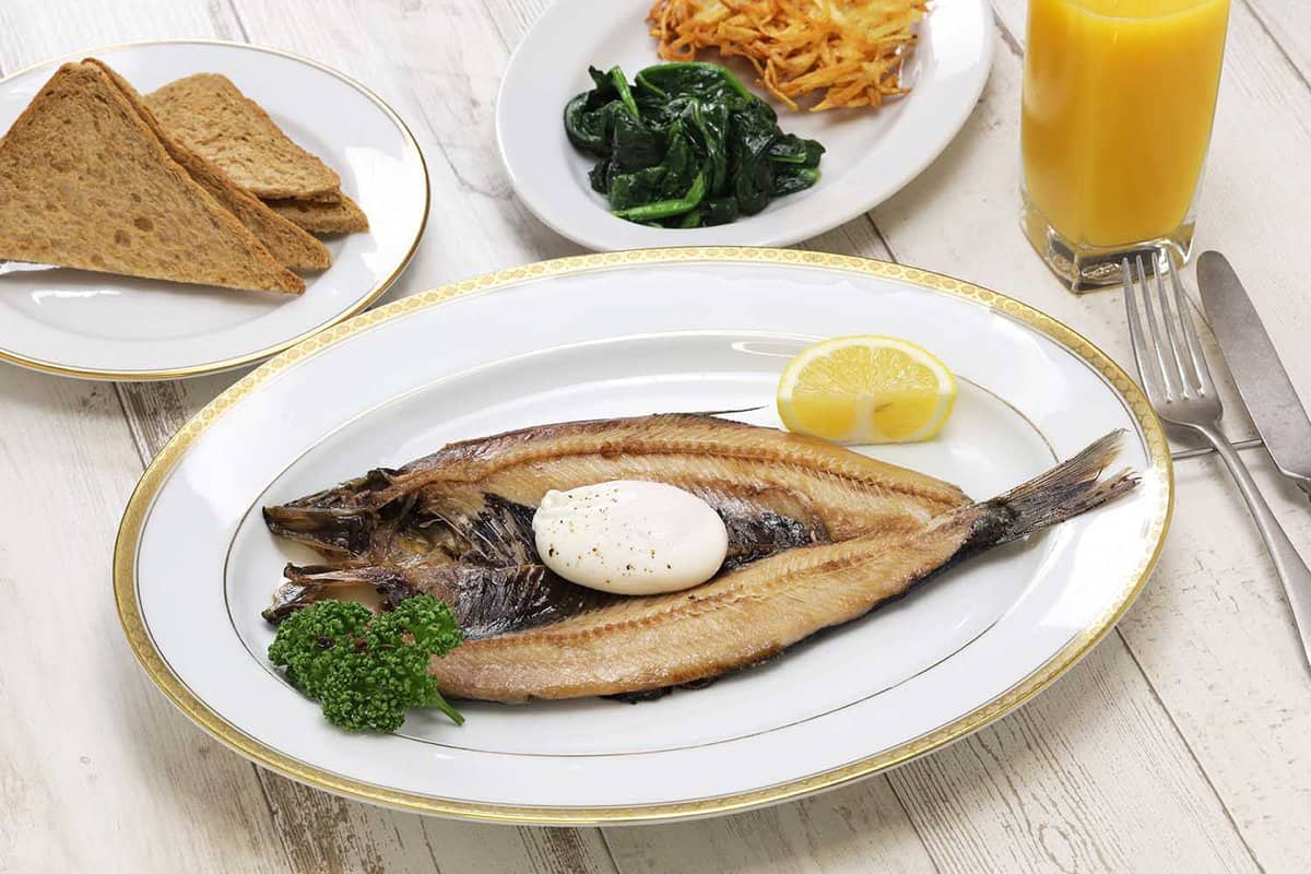 kippers and poached egg, traditional British breakfast dish