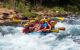 Close up of inflatable raft with 12 tourists rafting on the Manavgat River