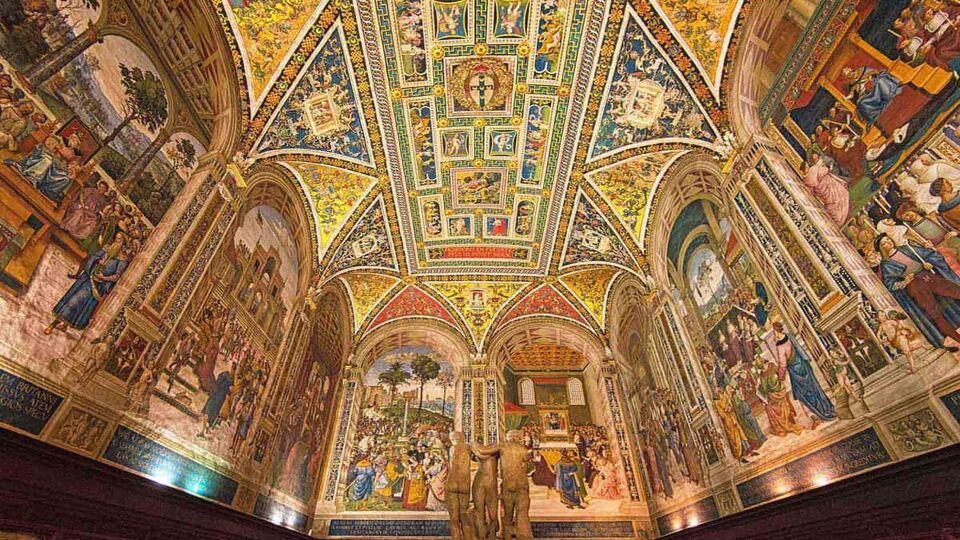 Beautiful frescoed ceiling in Interior of Piccolomini Library in Siena Cathedral