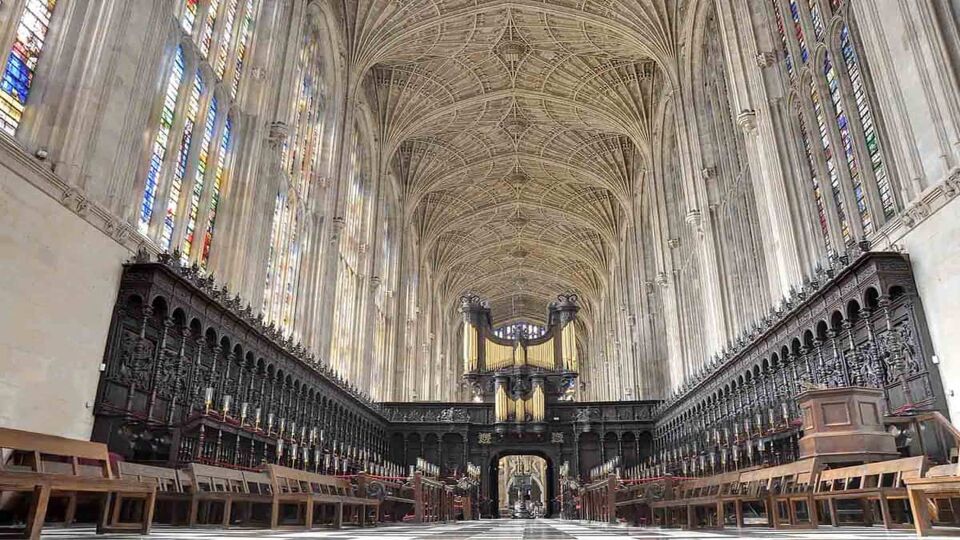 Interior of King's College Chapel, Cambridge seen from the high high altar and showing the choir and organ