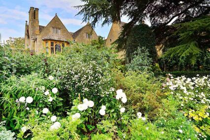 A beautiful garden overgrown with shrubs in front of Hidcote Manor House
