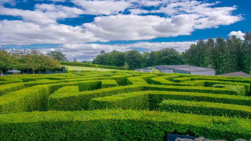 A maze garden outside the castle on a cloudy blue day