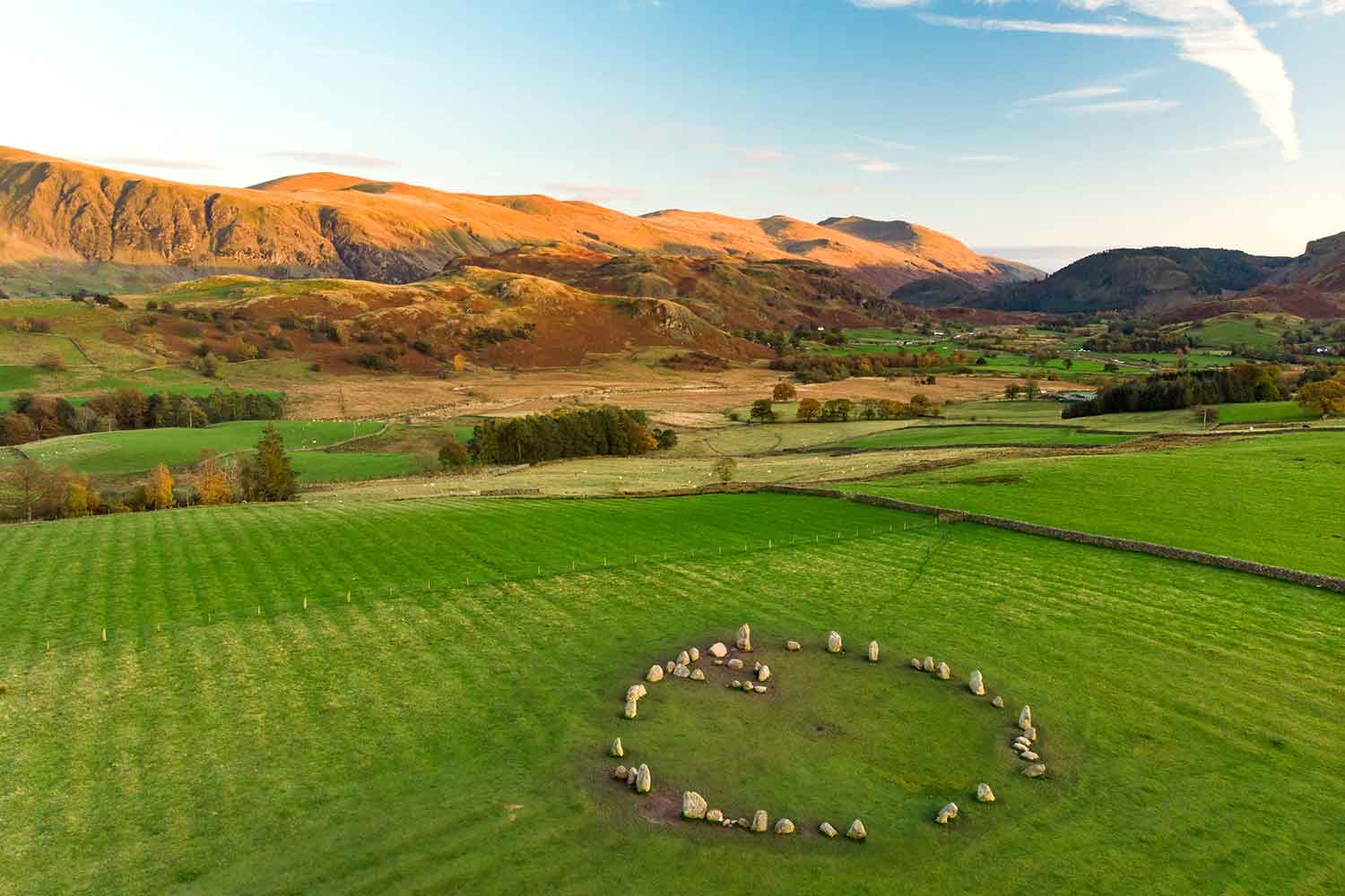 Aerial view of the stone circle in a field