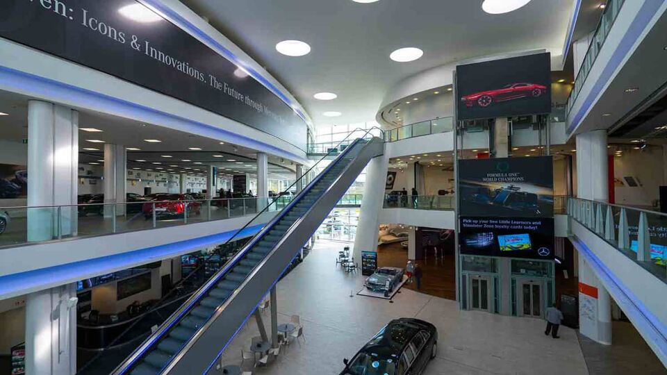 Inside view of Mercedes-Benz World main hall