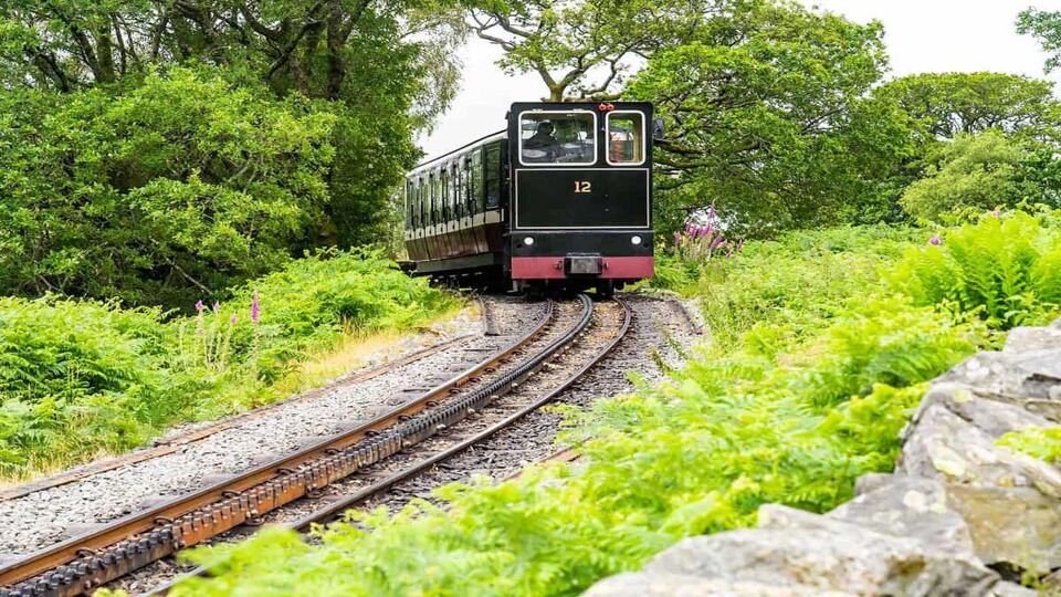 Mount Snowdon Railway, Llanberis, North Wales. A diesel train carrying passengers to the summit of Mount Snowdon