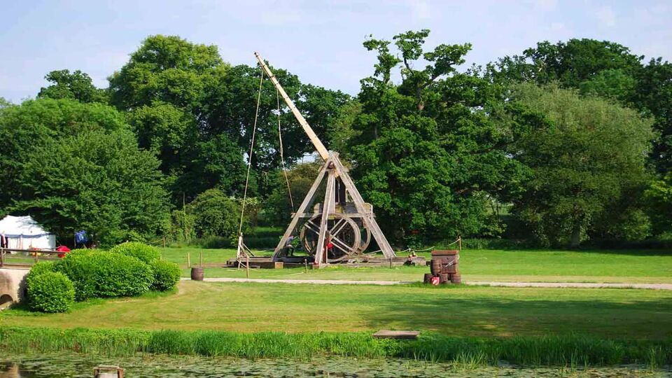 A giant wooden catapult