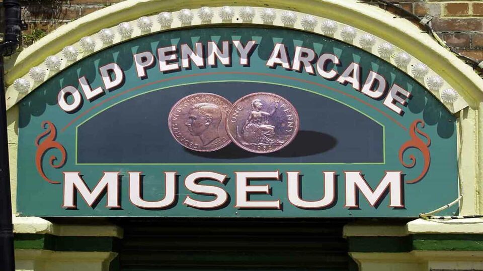 Close up of Brighton Pier Old Penny Arcade Museum sign