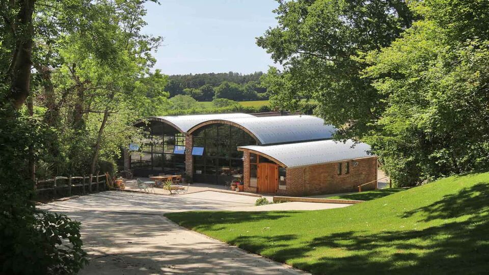 External view of the winery building with domed roof