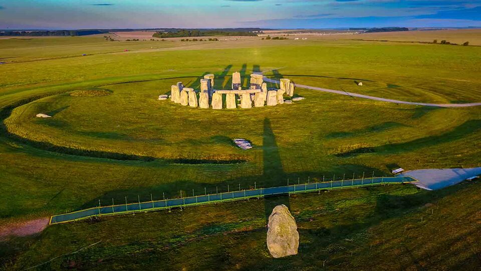 An aerial view of the sunrise at Stonehenge