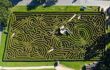 An extensive aerial view of the green hedge maze