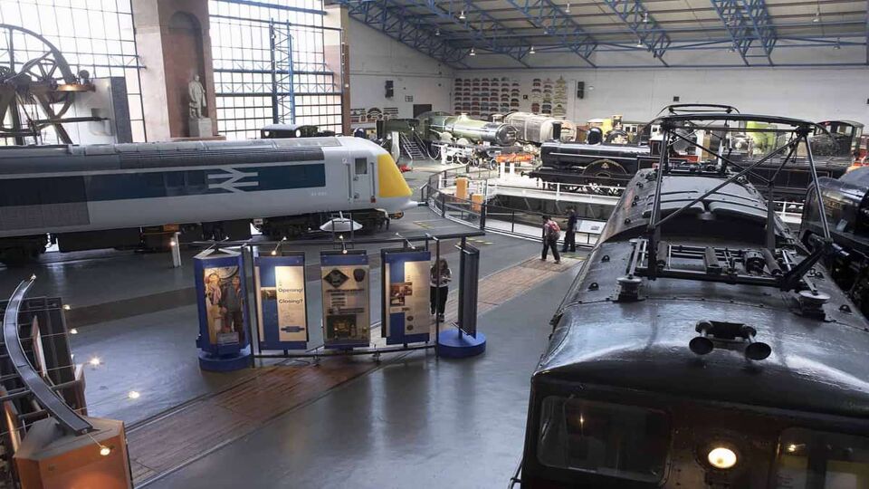 View of various locomotives in an exhibition hall