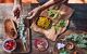 Aerial view of a variety of fresh foods on a table