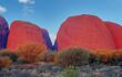Low angle view of the rock formation of Kata Tjuta or Olgas during sunset with last light turning sandstone orange