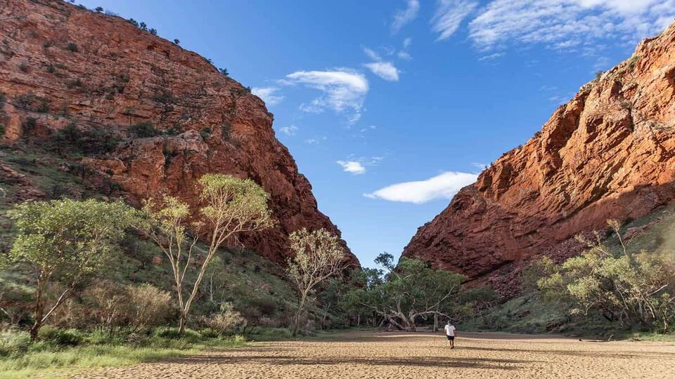 Man walking in a gorge on dried river bed