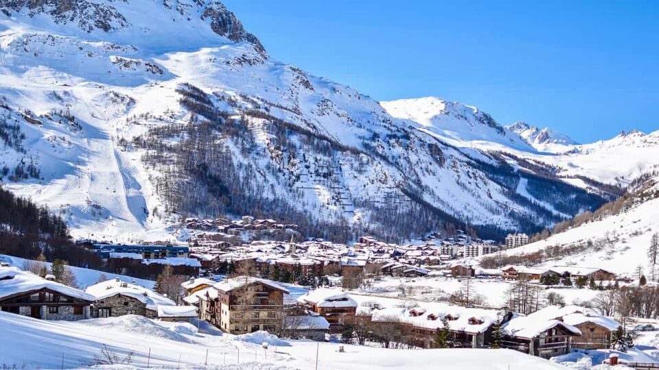 The village of Val d'Isere seen from ski slope in winter time