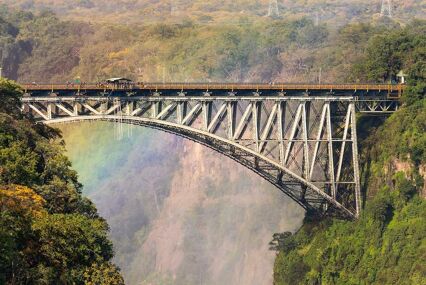 The iconic bridge Victoria Falls bridge spanning the gorge with rainbow