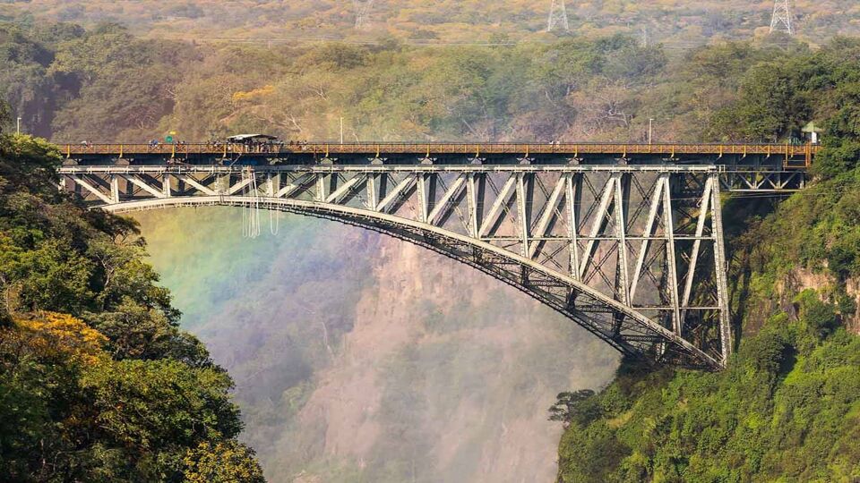 The iconic bridge Victoria Falls bridge spanning the gorge with rainbow