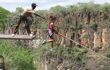 Man helping small girl take off on the zip-line across the Zambezi