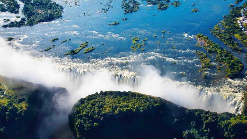 An aerial view of the Victoria Falls and Zambezi River
