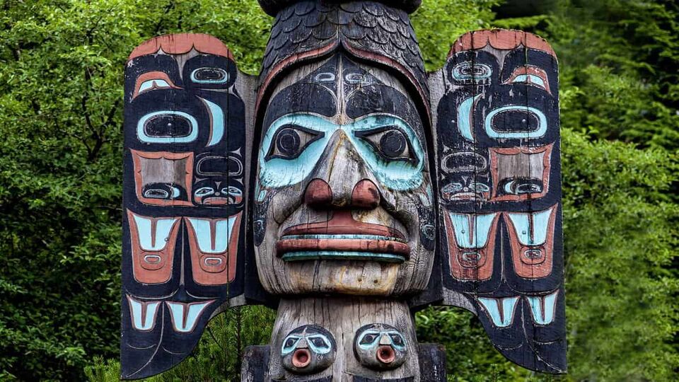 close up of a carved and painted face