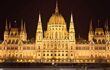 Hungarian Parliament building central perspective across danube river at night