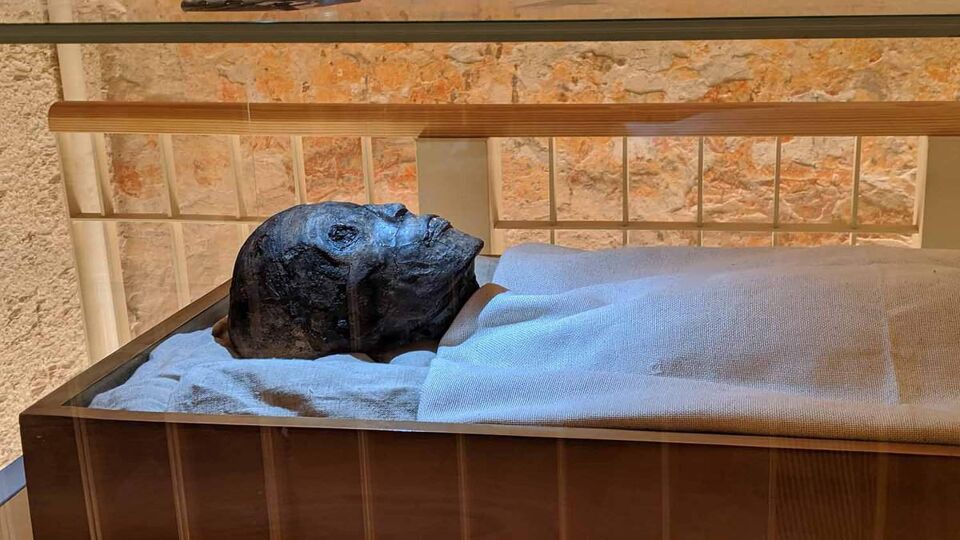 close up of the mummy - blackened face