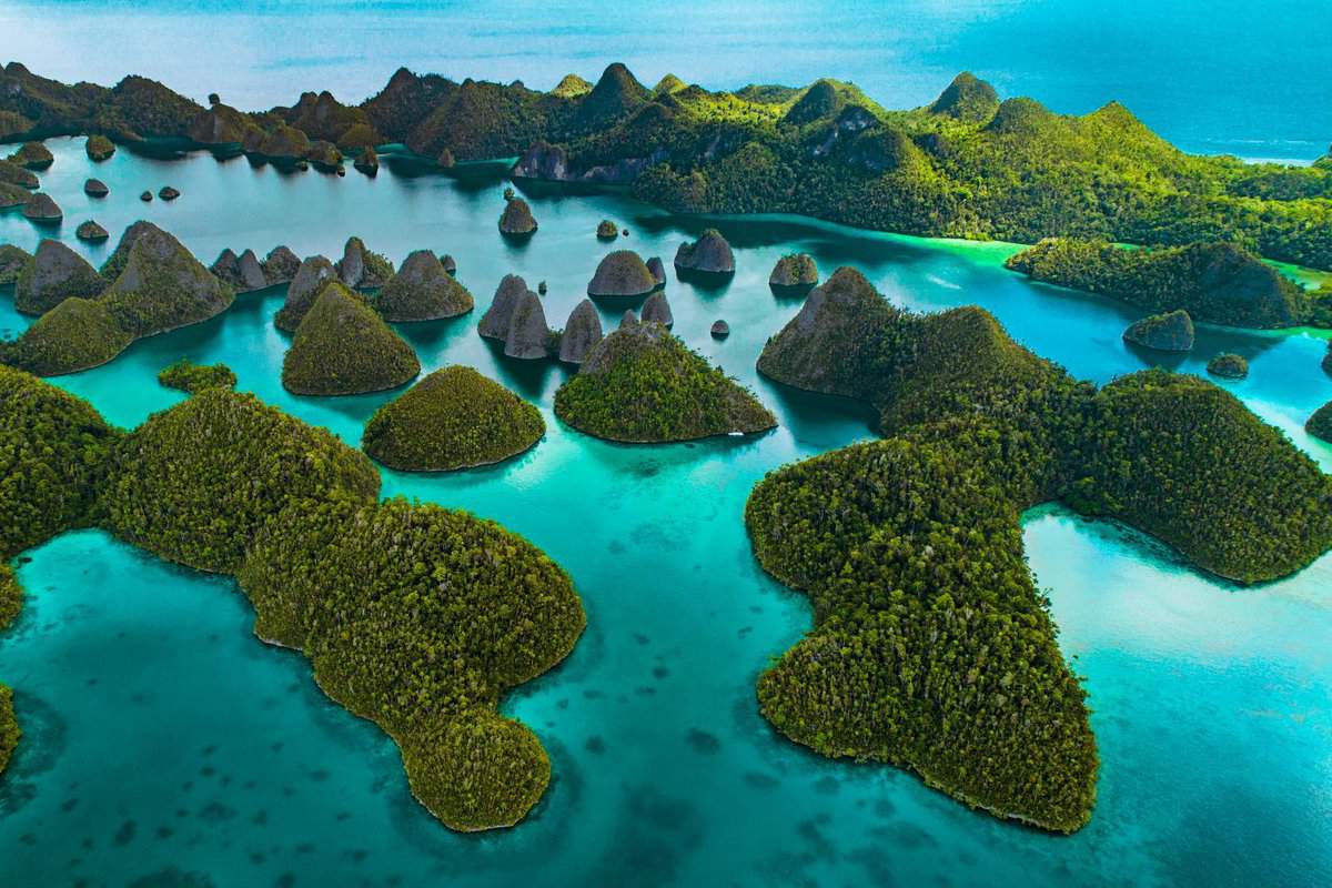 Landscape view of small forested islands surrounded by blue water