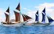 Two big sailing boats, one with blue sails one with brown sails owned by Sea Trek