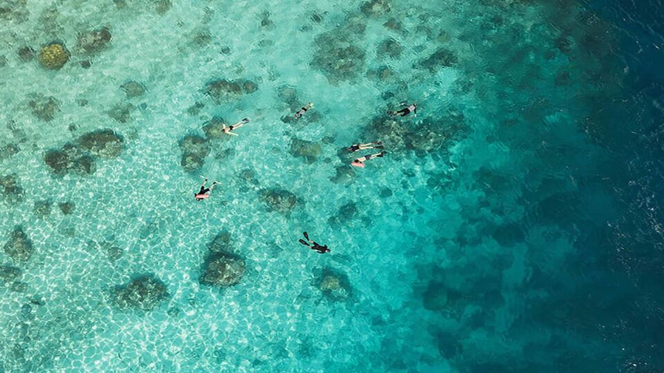 aerial image of small figures snorkelling in beautiful clear water