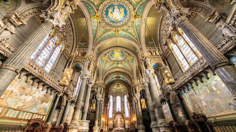 paintings and details of interior of the Notre Dame de Fourviere basilica