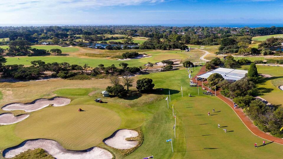 Panoramic drone shot of the Royal Melbourne Golf Club - Melbourne, Victoria, Australia
