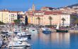 Ajaccio port cityscape with moored yachts and pleasure boats , Corsica island, France