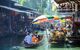 Damnoen Saduak Floating Market, tourists visiting by boat, located in Bangkok, Thailand.