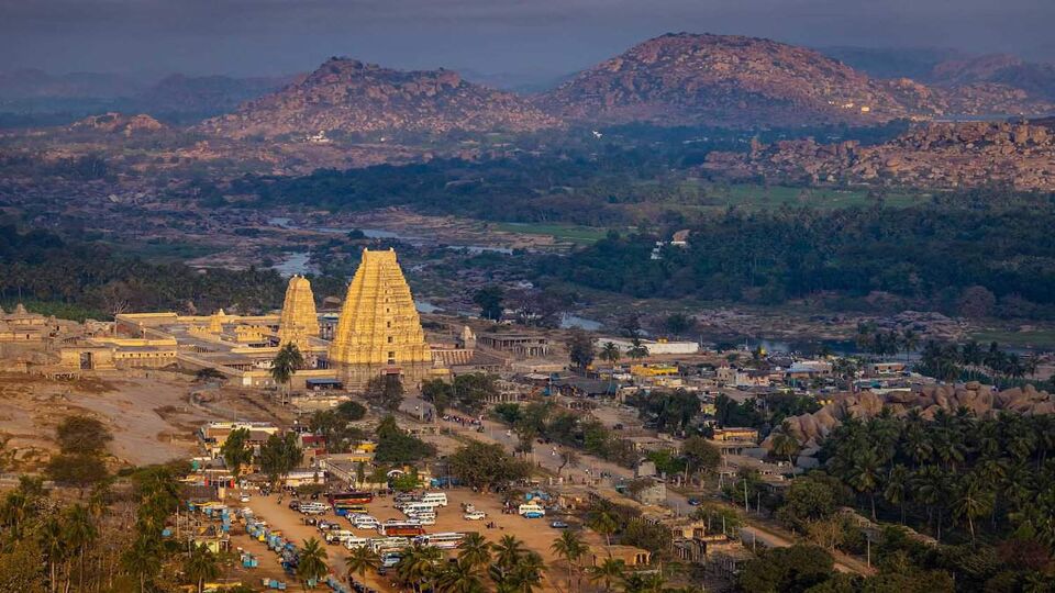 Aerial view of Virupaksha Temple in Unesco World Heritage site Hampi of Karnataka state in India in the morning.